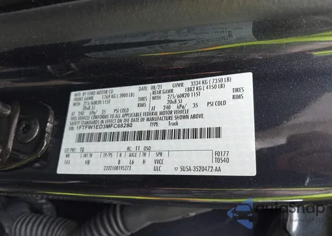 2021 Ford F-150 Lariat from USA, damaged, VIN 1FTFW1ED3MFC68280